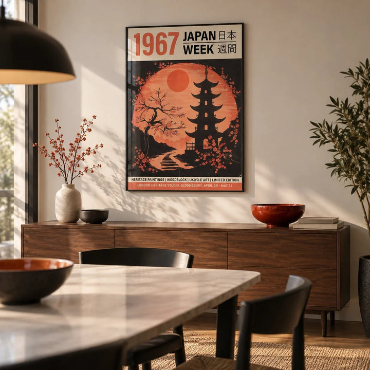 Moon Japanese Art, framed on the wall of a modern dining room