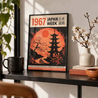 Moon Japanese Art, a small A4 framed print leaning on a black metal shelf in a living room