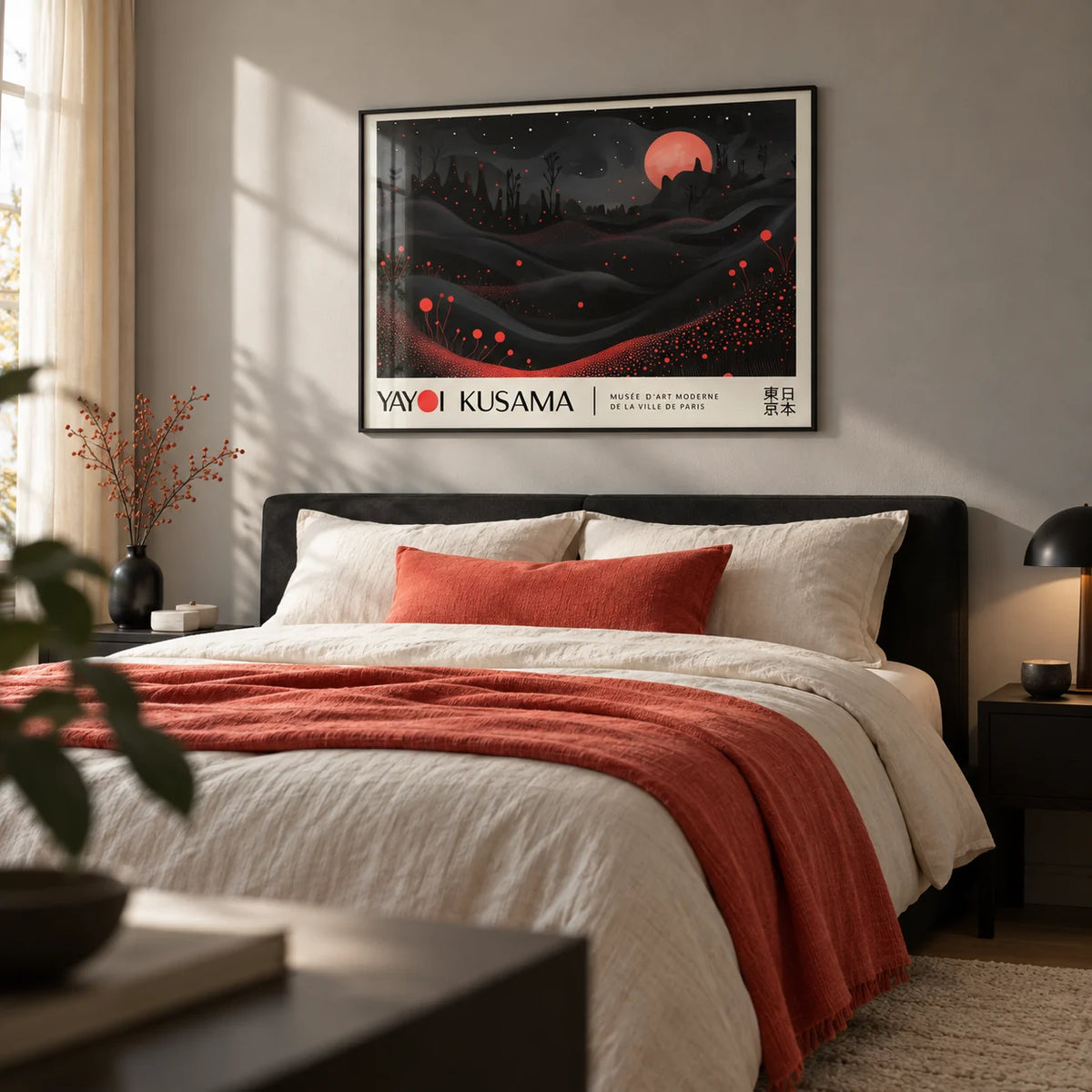 Moon Print, framed on the wall of a calm modern bedroom with a soft grey wall