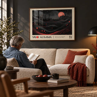 Moon Print, framed on the wall of a cosy den with a deep charcoal wall in a living room
