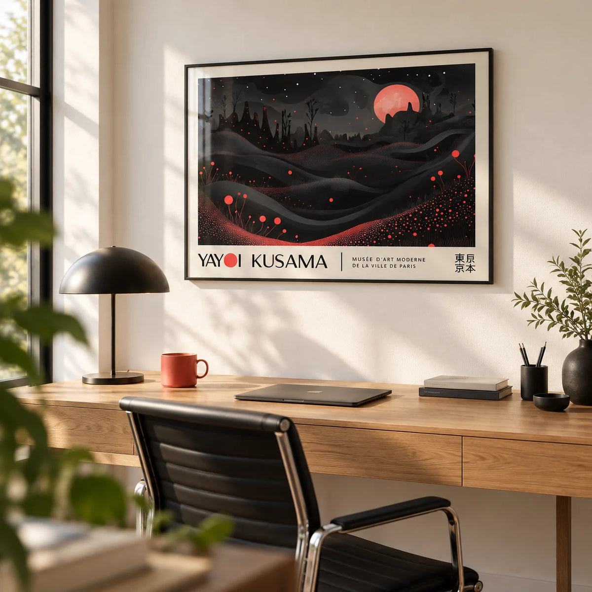 Moon Print, framed on the wall of a modern home office with a white wall