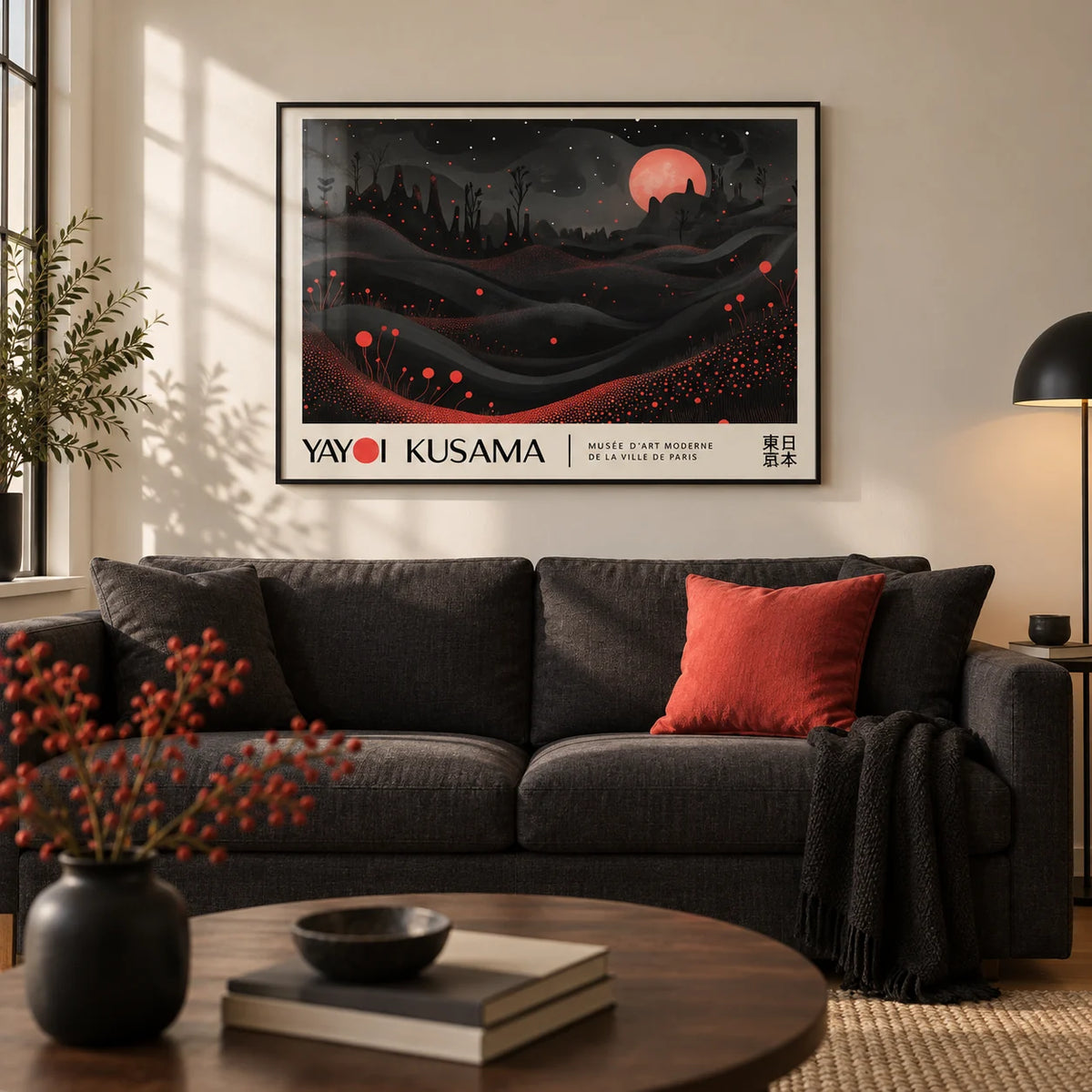 Moon Print, framed on the wall of a moody modern living room with a warm white wall