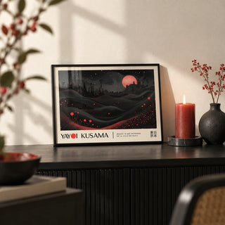 Moon Print, a small A4 framed print leaning on a black sideboard in a living room