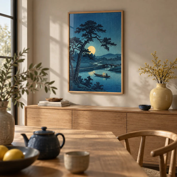 Moonlight Print, framed on the wall of a calm dining room with a soft greige wall