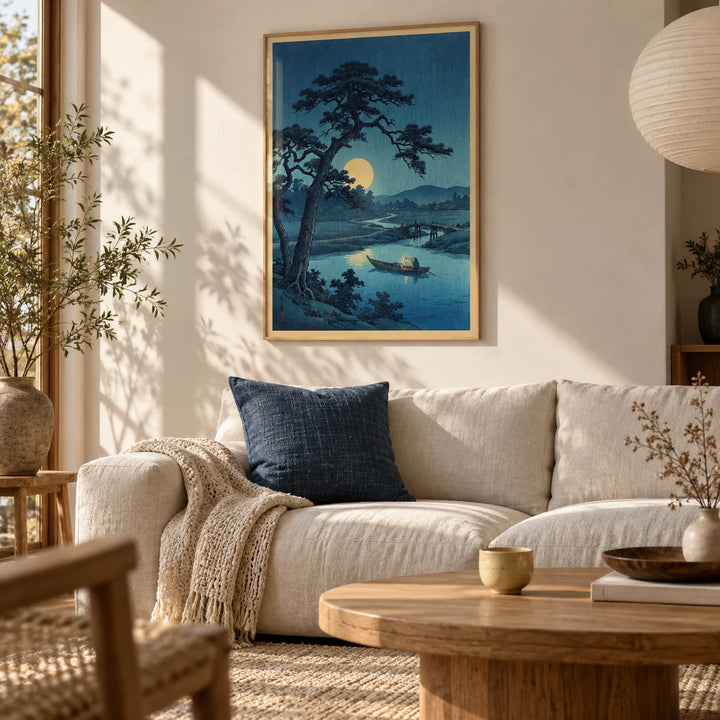 Moonlight Print, framed on the wall of a calm Japandi living room with a warm white wall