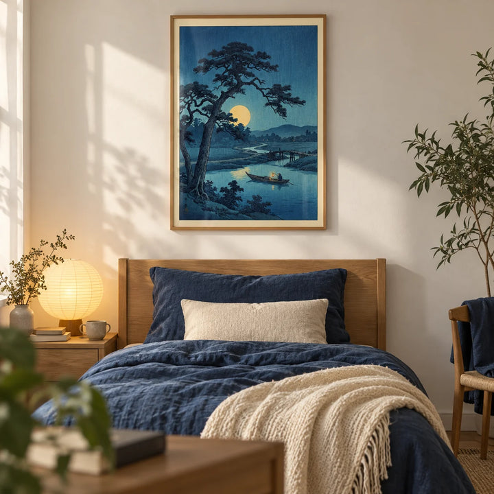 Moonlight Print, framed on the wall of a calm single bedroom for a young adult (18-25) with a soft white wall