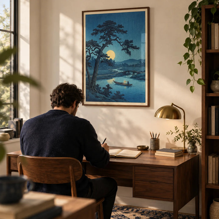 Moonlight Print, framed on the wall of a quiet study with a warm white wall