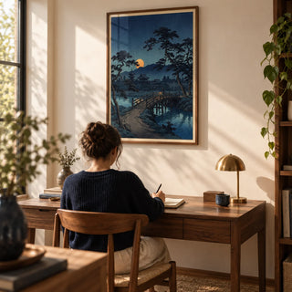Moonlit Bridge Art Print, framed on the wall of a calm home office with a warm white wall