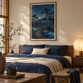 Moonlit Bridge Art Print, framed on the wall of a calm Japandi bedroom with a soft cream wall