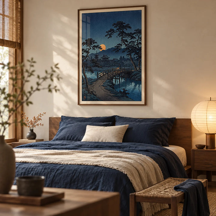 Moonlit Bridge Art Print, framed on the wall of a calm Japandi bedroom with a soft cream wall
