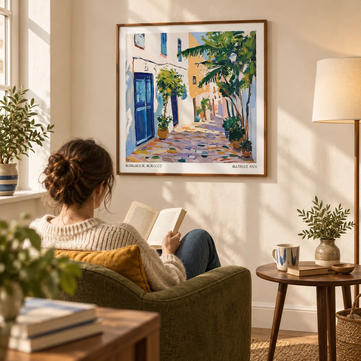 Morocco Wall Art, framed on the wall of a sunny reading corner in a travel-loving adult's UK flat with a cream plaster wall in a living room