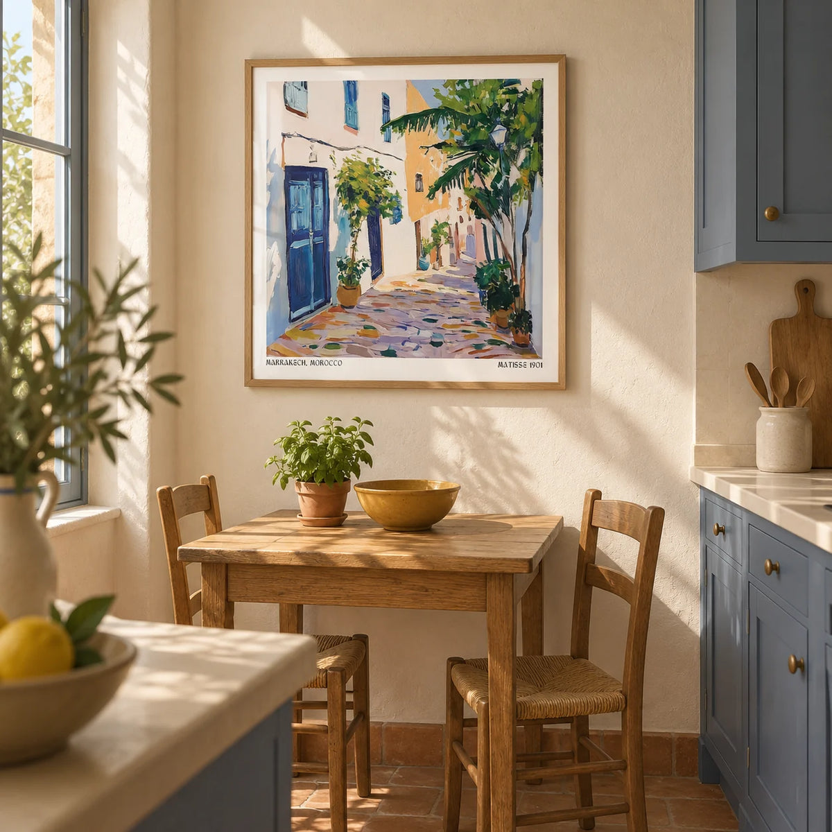 Morocco Wall Art, framed on the wall of a warm kitchen with muted blue cabinets