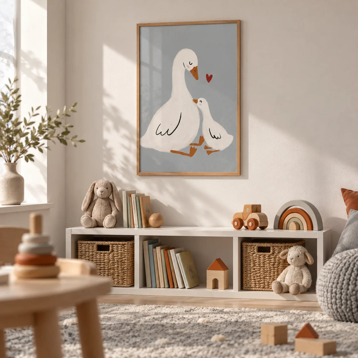 Mother Goose Art Print, framed on the wall of a calm playroom