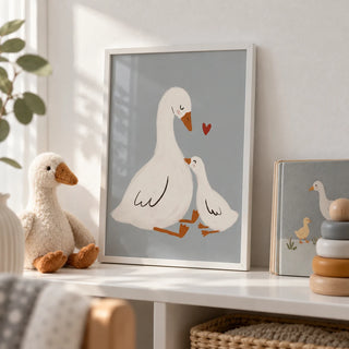 Mother Goose Art Print, a small A4 framed print leaning on a white nursery shelf