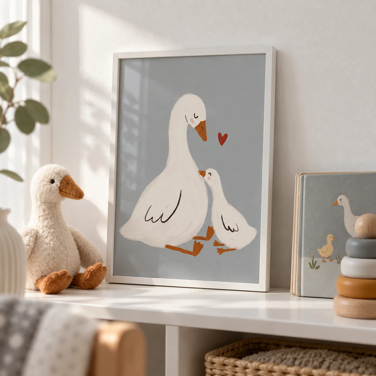 Mother Goose Art Print, a small A4 framed print leaning on a white nursery shelf