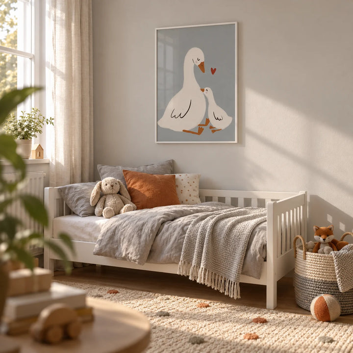 Mother Goose Art Print, framed on the wall of a toddler's bedroom