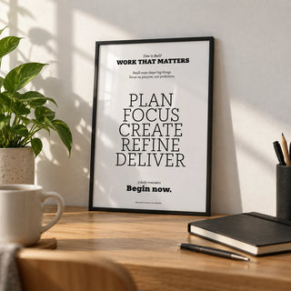 Motivate Quote Poster, a small A4 framed print leaning on an oak desk