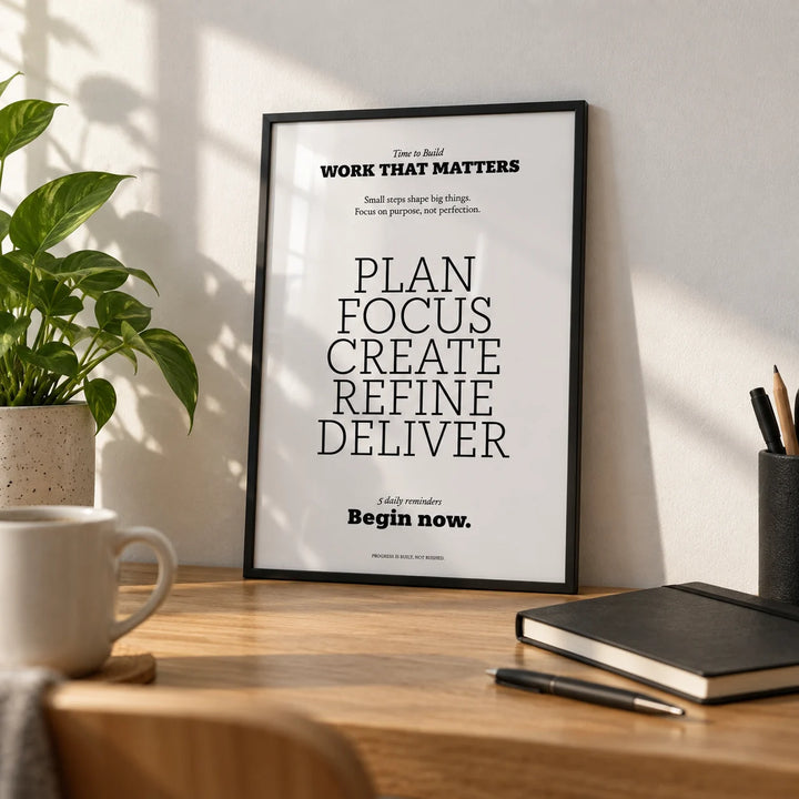 Motivate Quote Poster, a small A4 framed print leaning on an oak desk