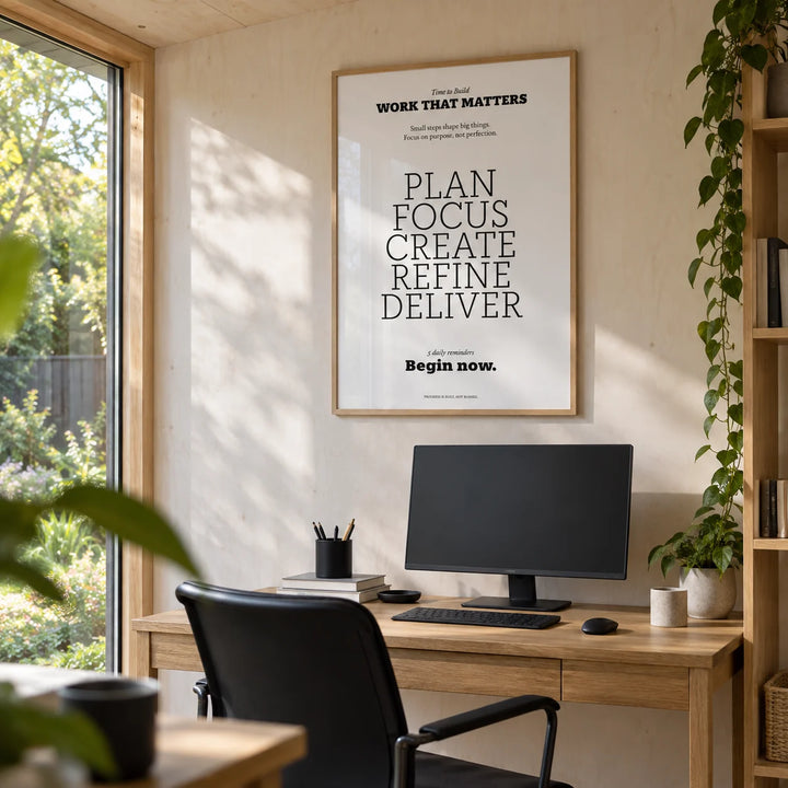 Motivate Quote Poster, framed on the wall of a small garden office cabin with plain white plywood walls and a big window onto the garden