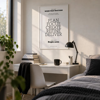 Motivate Quote Poster, framed on the wall of a tidy uni room (18-21) with a white wall in a bedroom