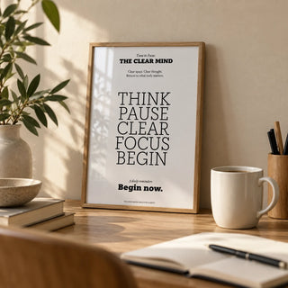Motivational Art for the Office, a small A4 framed print leaning on an oak desk