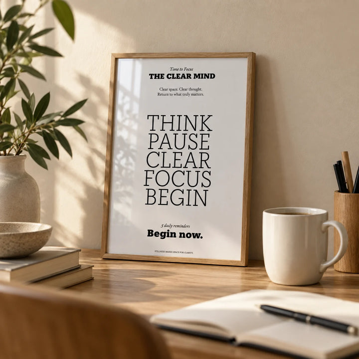 Motivational Art for the Office, a small A4 framed print leaning on an oak desk