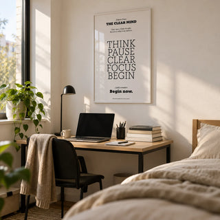 Motivational Art for the Office, framed on the wall of a tidy uni room (18-21) with a white wall in a bedroom