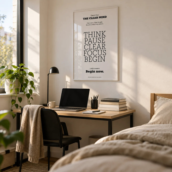 Motivational Art for the Office, framed on the wall of a tidy uni room (18-21) with a white wall in a bedroom