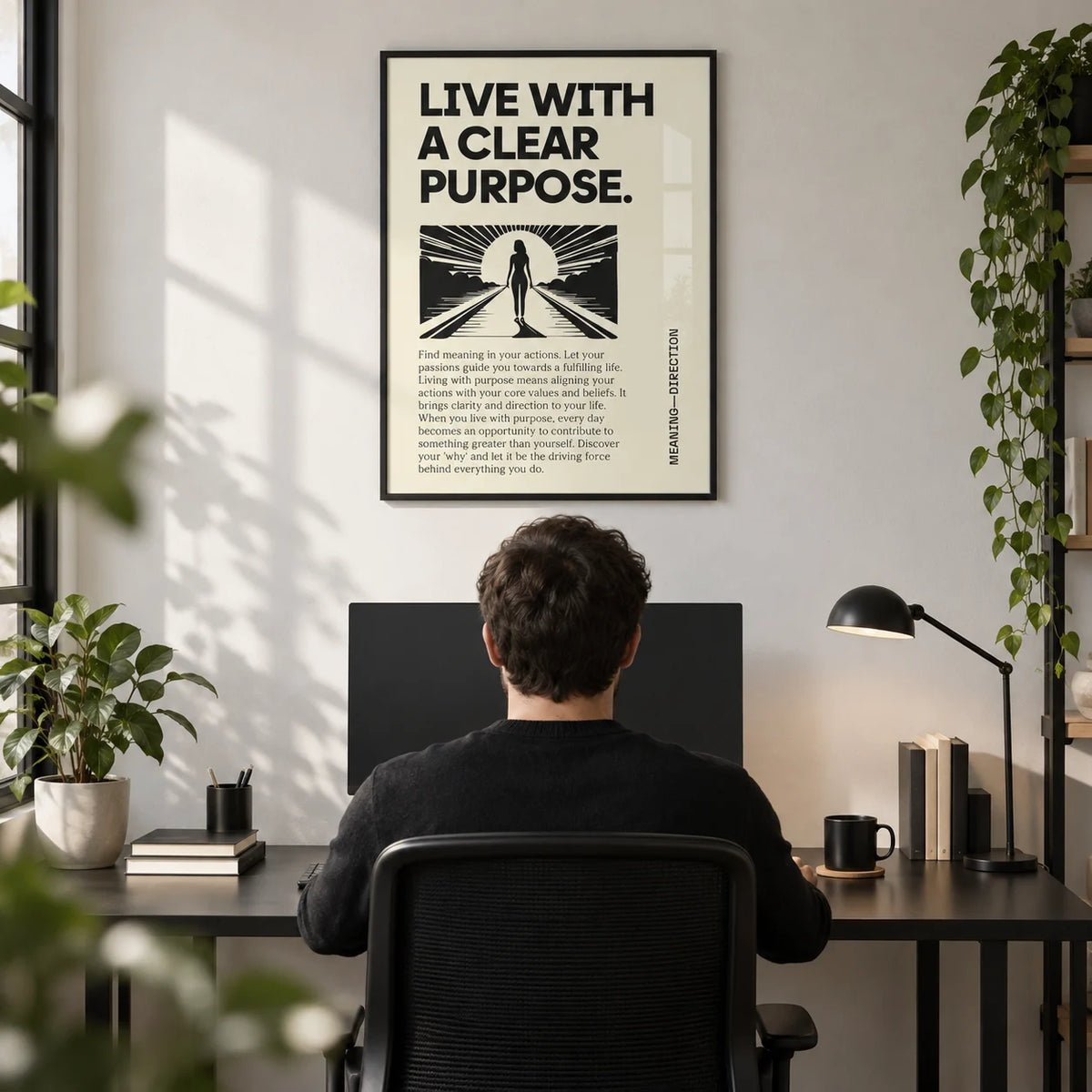 Motivational Poster, framed on the wall of a focused home office with a white wall