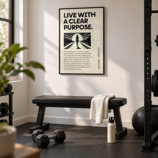 Motivational Poster, framed on the wall of a minimal home gym in a spare room with a white wall and black rubber floor