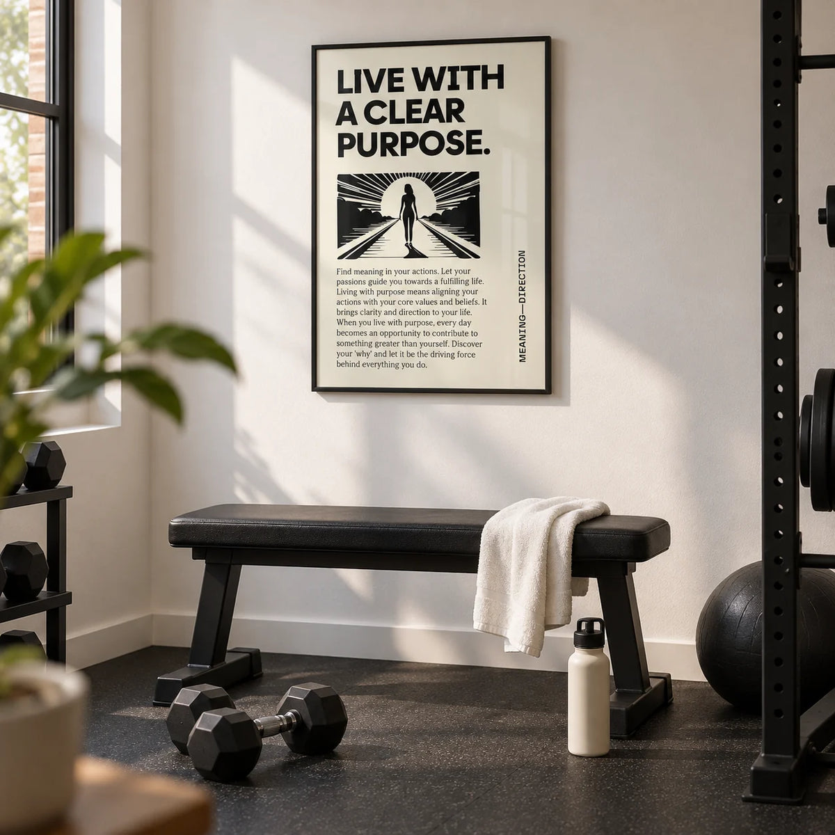 Motivational Poster, framed on the wall of a minimal home gym in a spare room with a white wall and black rubber floor