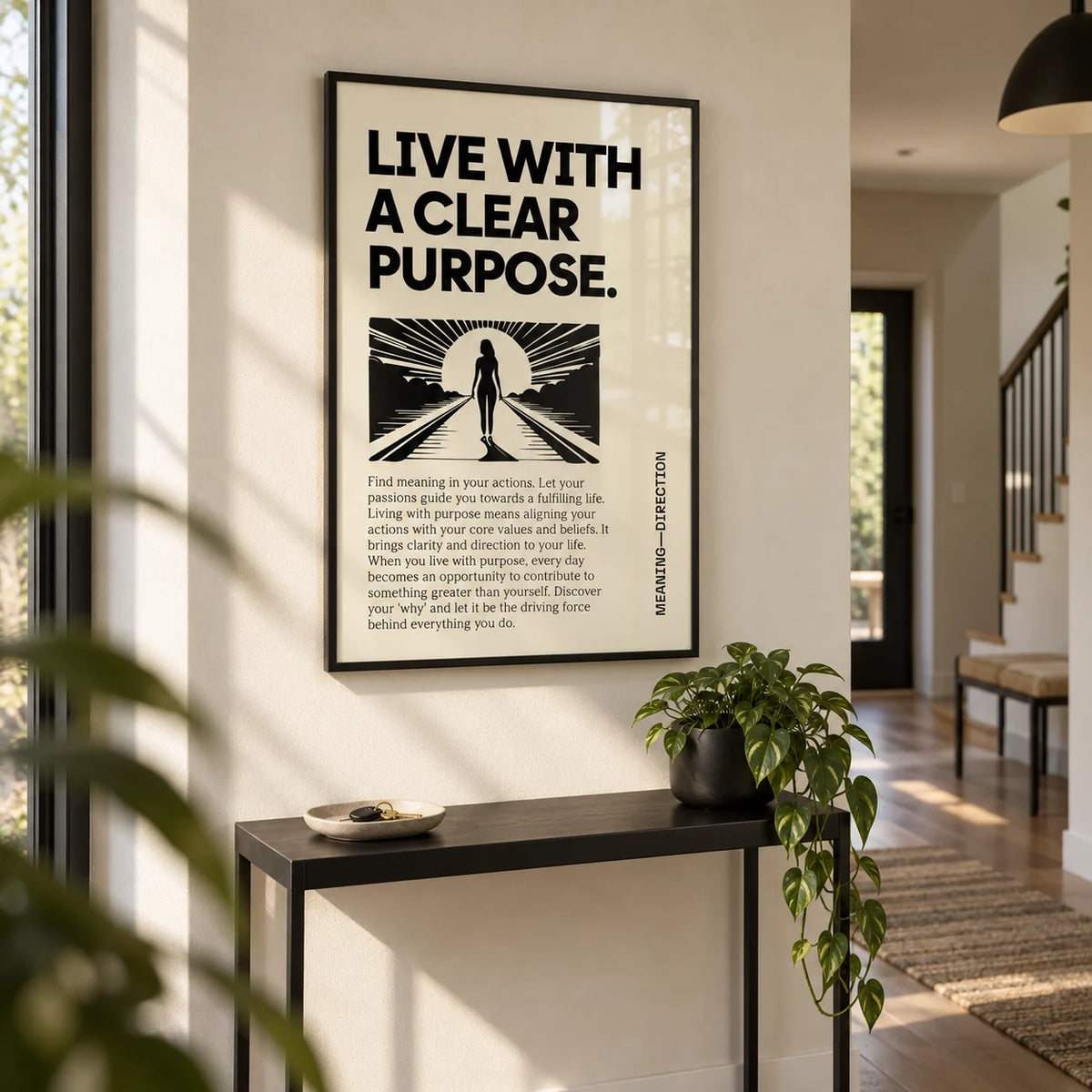 Motivational Poster, framed on the wall of a modern hallway with a cream wall