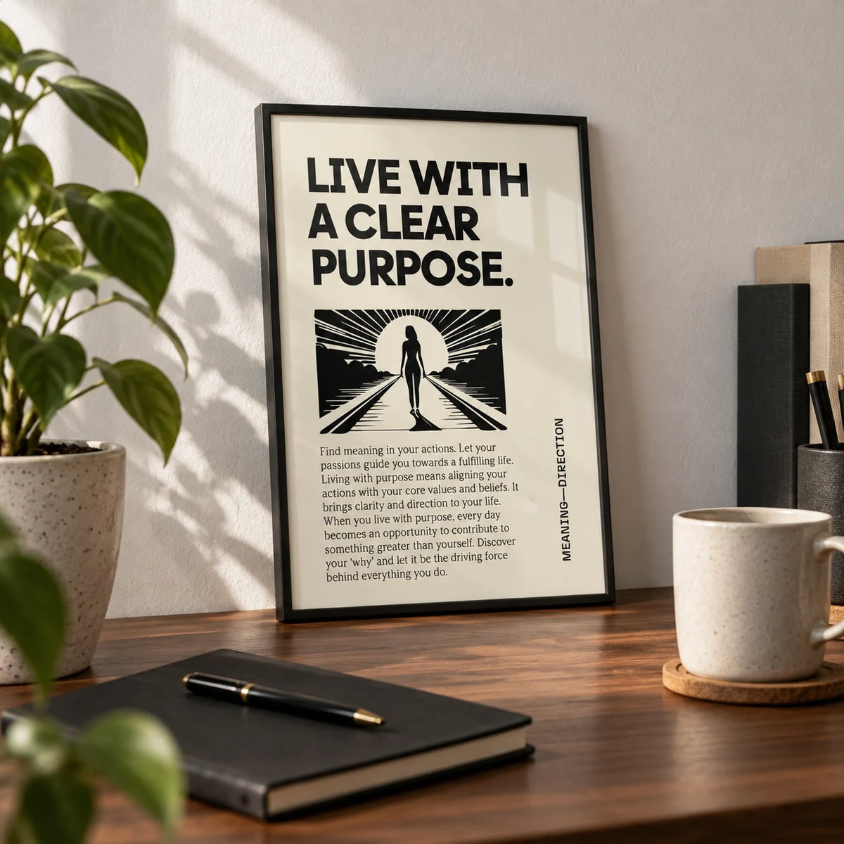 Motivational Poster, a small A4 framed print leaning on a walnut desk