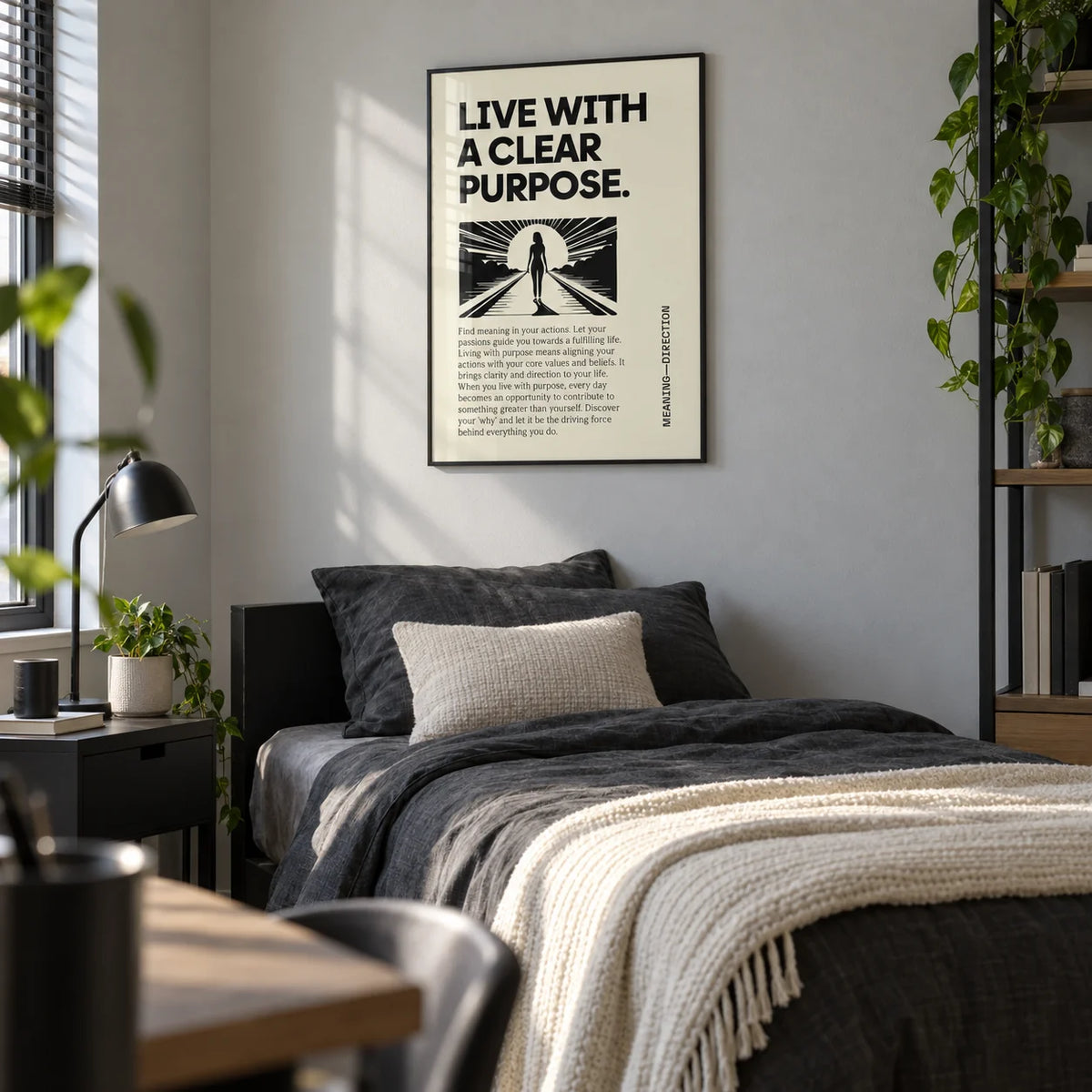 Motivational Poster, framed on the wall of a tidy young lad's bedroom (18-25) with a light grey wall