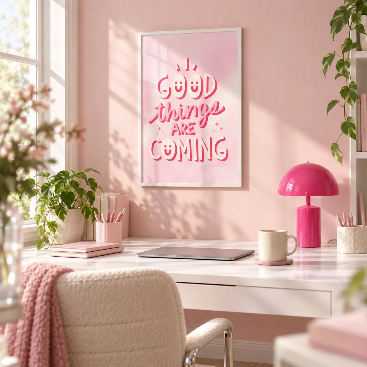 Motivational Posters for Students, framed on the wall of a bright home office with a soft blush pink wall