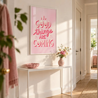 Motivational Posters for Students, framed on the wall of a first-flat hallway (22-28) with a white wall and pale oak floor