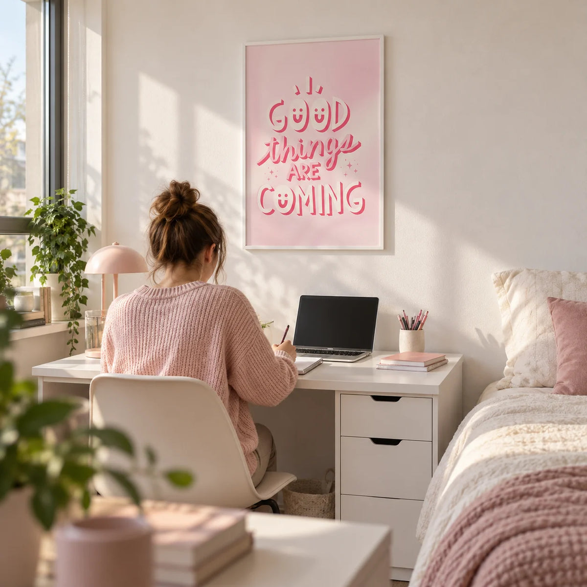 Motivational Posters for Students, framed on the wall of an uni room (18-21) with a white wall in a bedroom