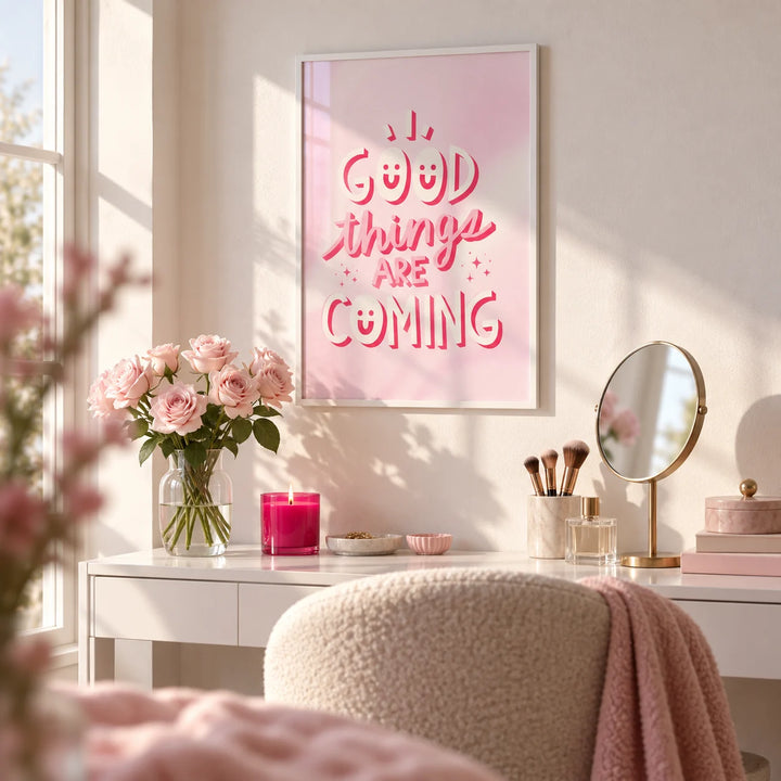 Motivational Posters for Students, framed on the wall of a young woman's vanity corner with a white wall in a bathroom