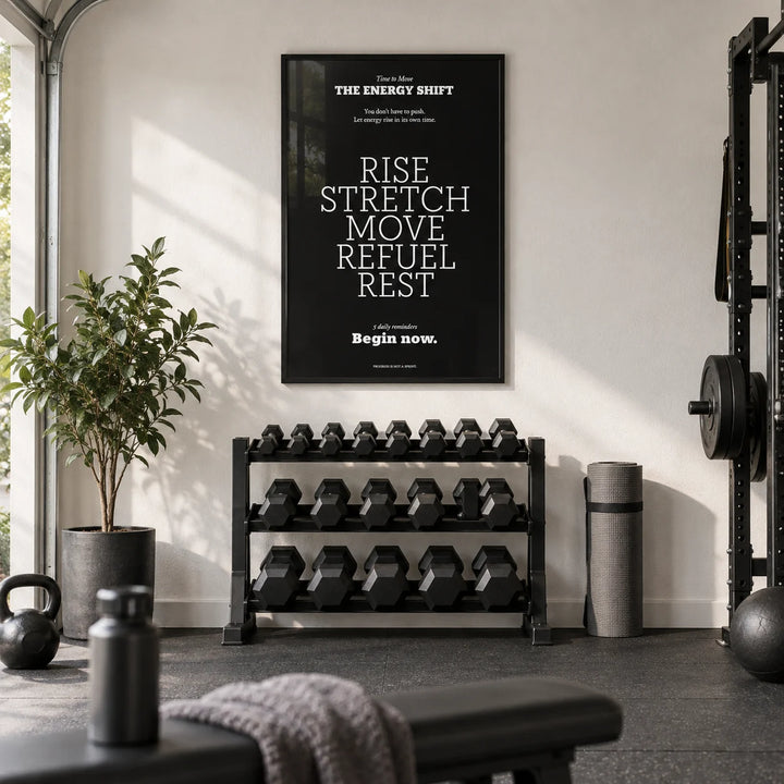 Motivational Posters with Quotes, framed on the wall of a home gym in a converted garage with white walls and black rubber flooring