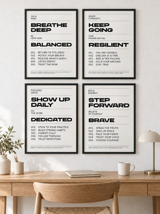Positive Quotes Wall Art Set hung at eye level above a desk in a home office: Breathe Deep, Keep Going and Show Up Daily shown framed side by side (frames not included)