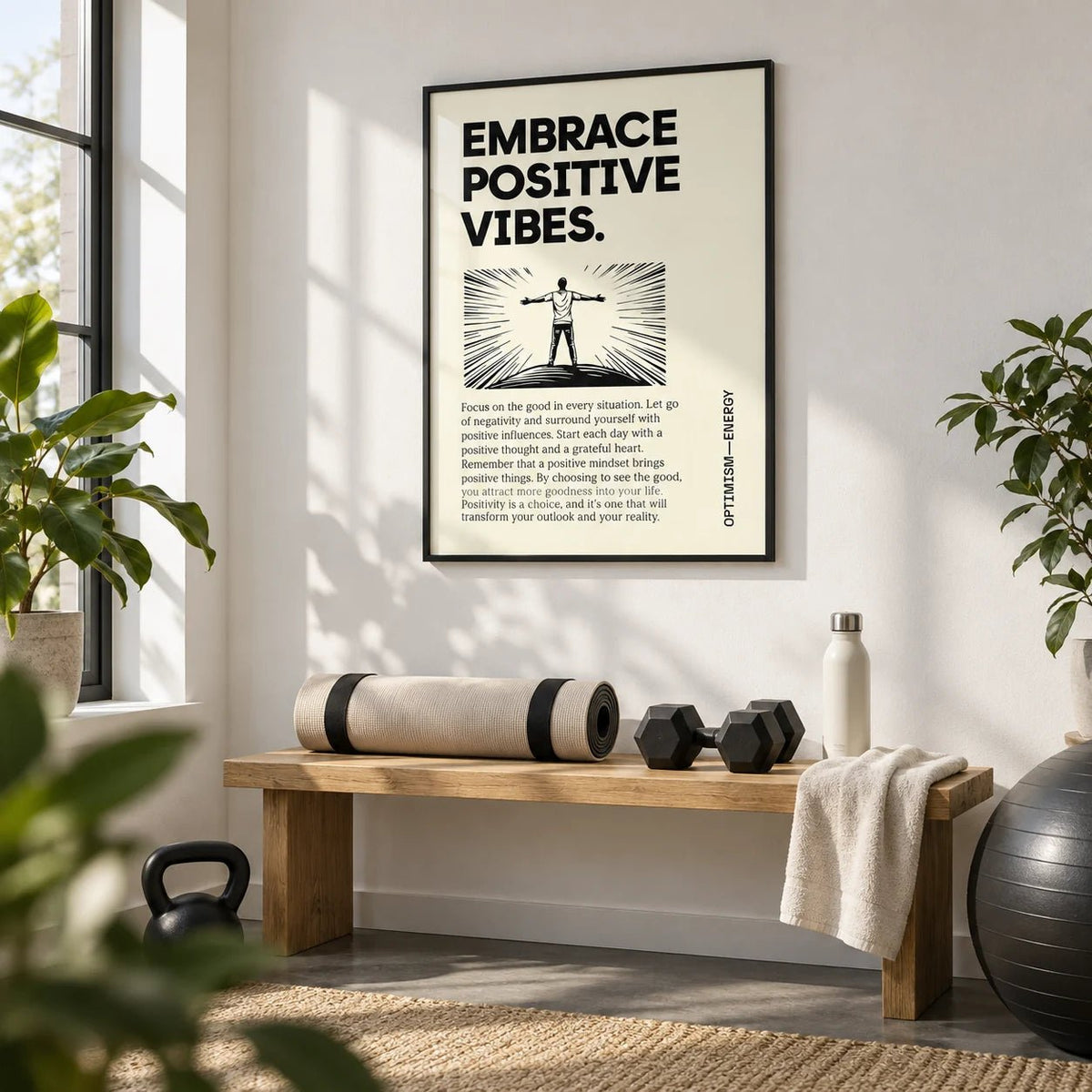 Motivational Quote Poster, framed on the wall of a bright home gym corner