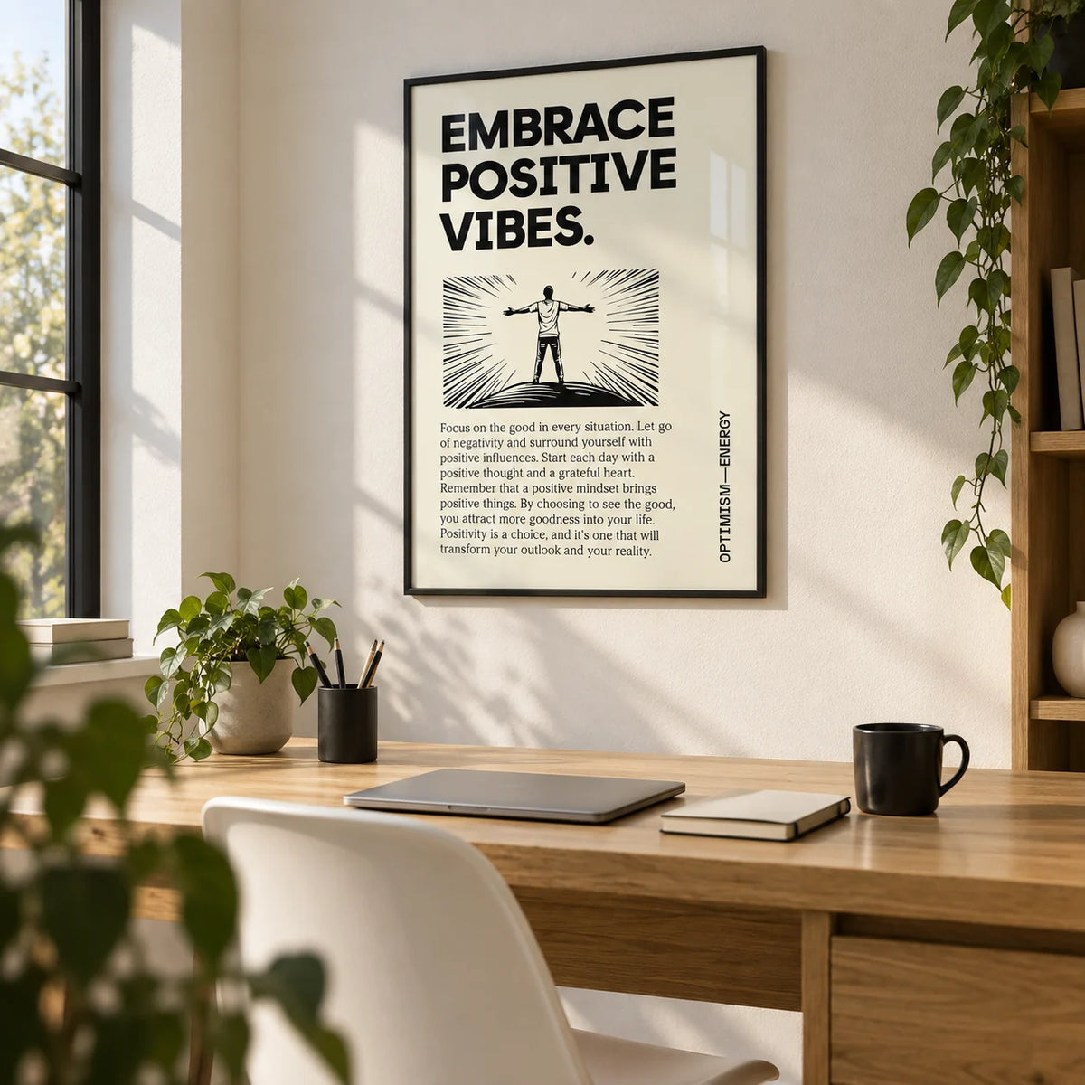 Motivational Quote Poster, framed on the wall of a bright home office