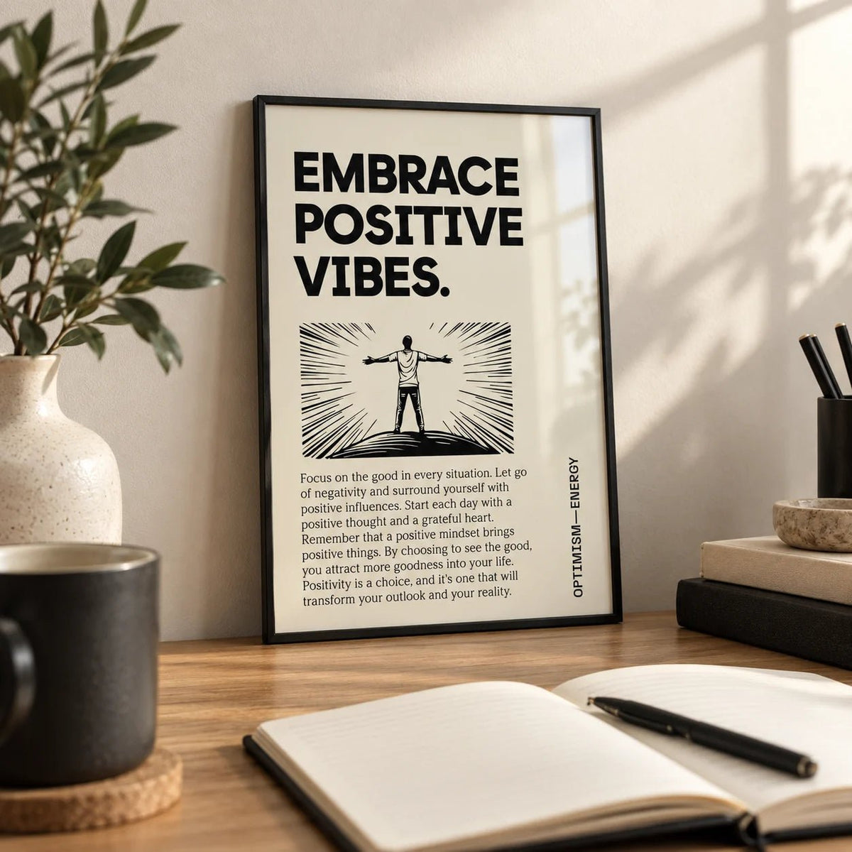 Motivational Quote Poster, a small A4 framed print leaning on an oak desk