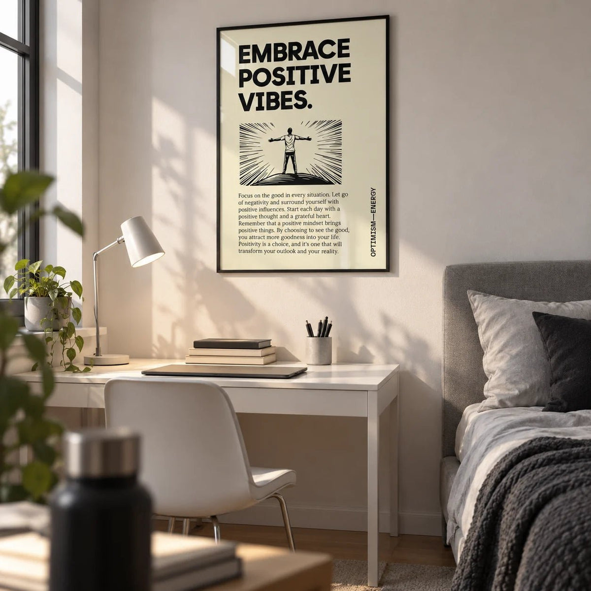 Motivational Quote Poster, framed on the wall of a tidy teen bedroom (15-17)