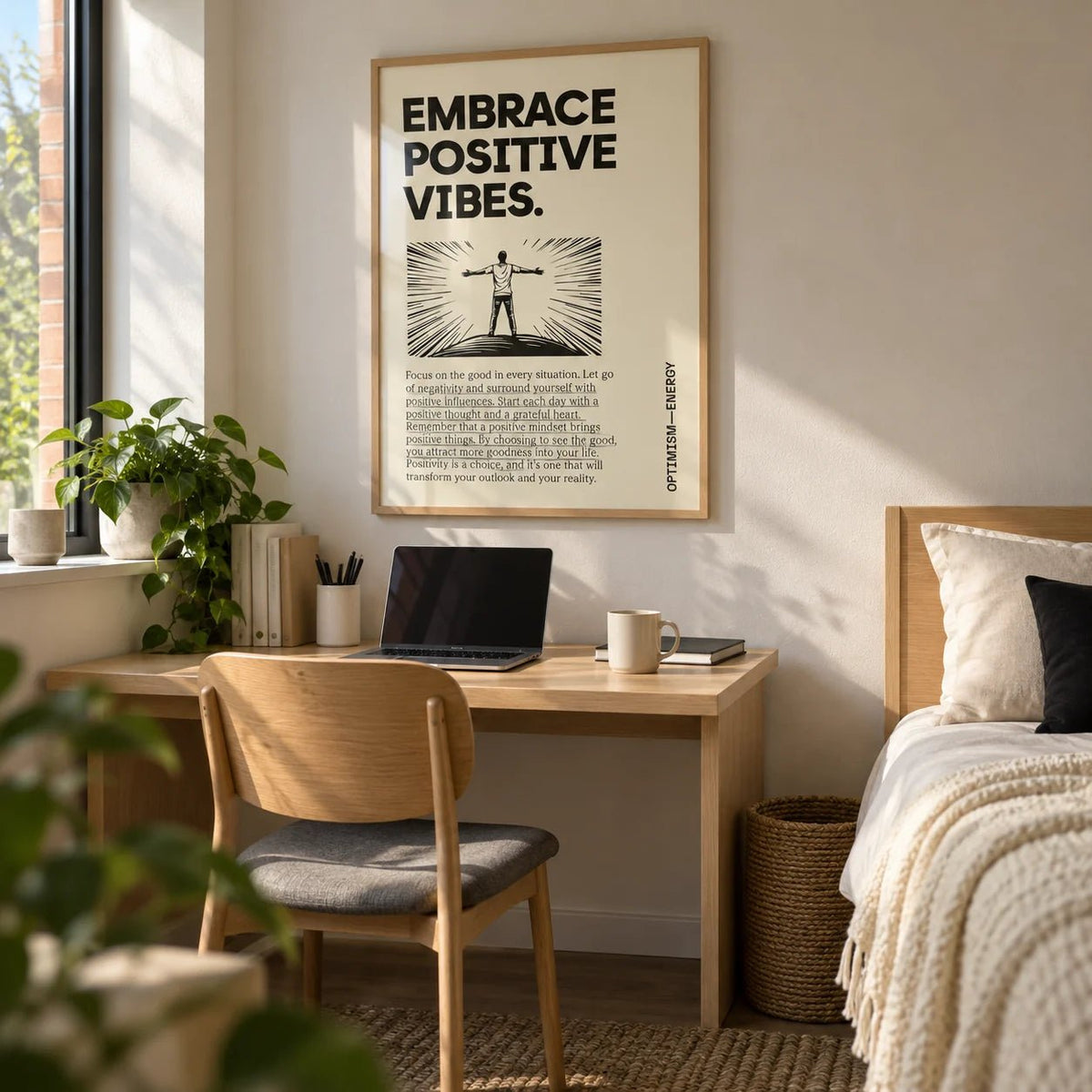 Motivational Quote Poster, framed on the wall of a tidy uni bedroom (18-21)
