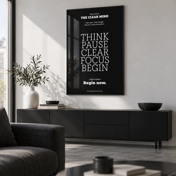 Motivational Quote Prints, framed on the wall of a monochrome city-flat living room with a white wall and a concrete floor