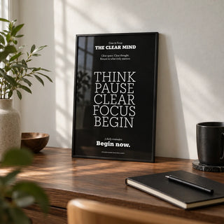 Motivational Quote Prints, a small A4 framed print leaning on a walnut desk