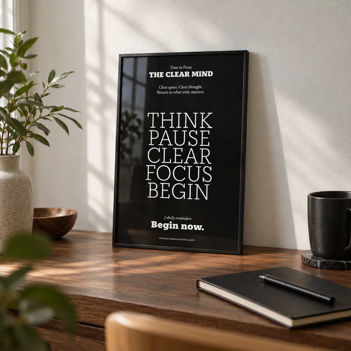 Motivational Quote Prints, a small A4 framed print leaning on a walnut desk