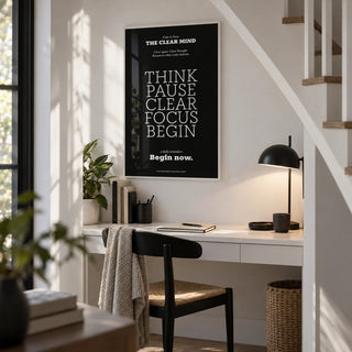 Motivational Quote Prints, framed on the wall of a small study nook under the stairs with a white wall