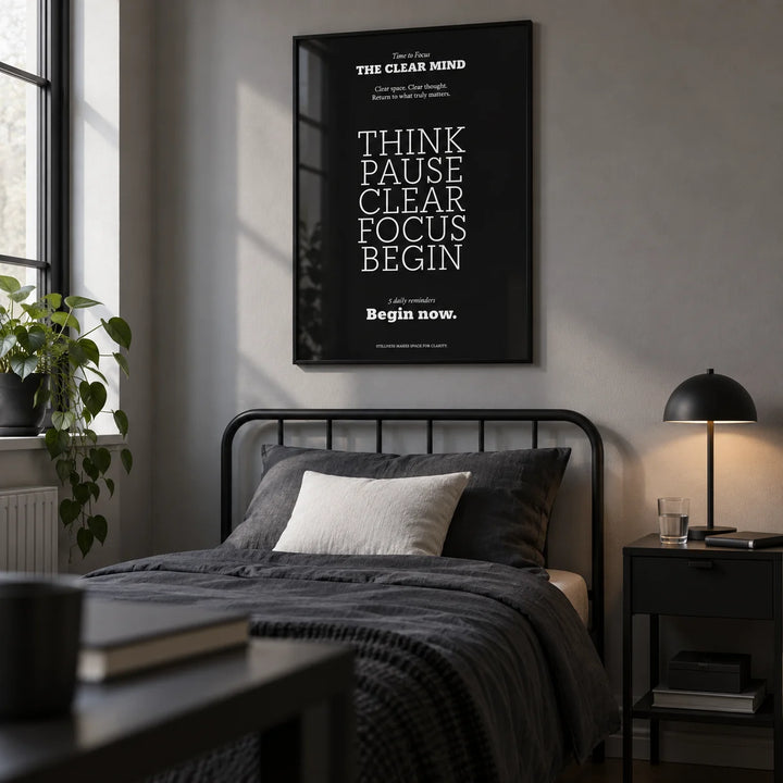 Motivational Quote Prints, framed on the wall of a young man's single bedroom (19-25) with a soft grey wall